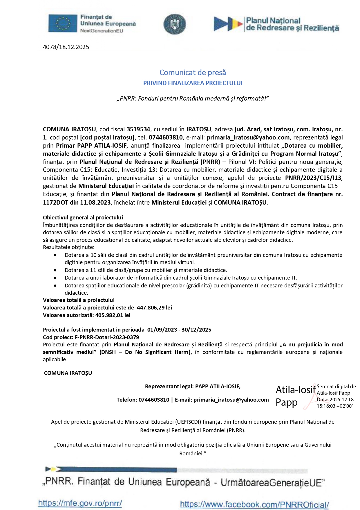 Comunicat de presă COMUNA IRATOȘU - Ziarul National