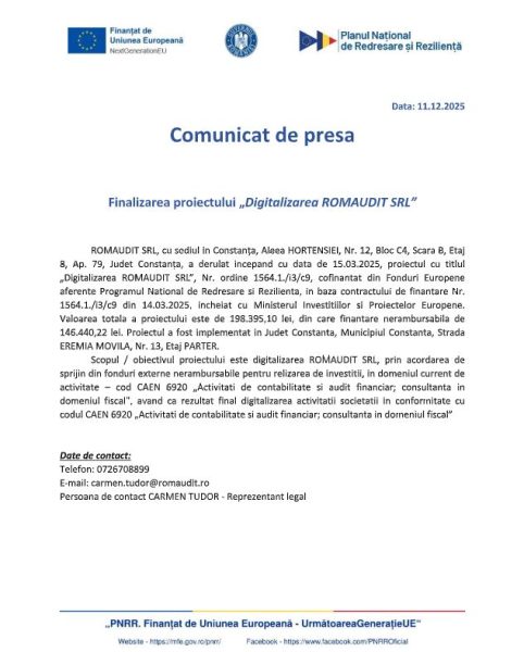 Comunicat de presa Finalizarea proiectului „Digitalizarea ROMAUDIT SRL” - Ziarul National