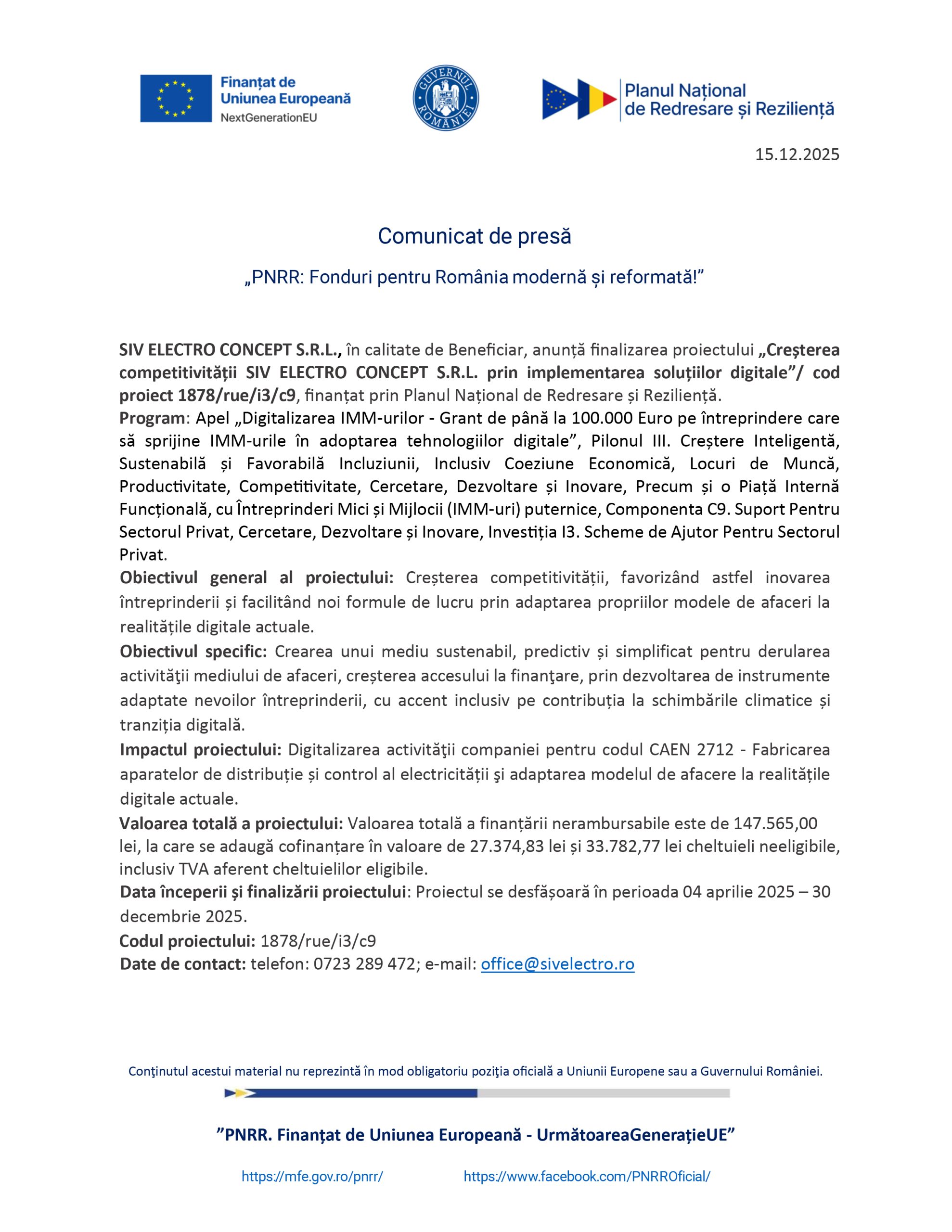 Comunicat de presă SIV ELECTRO CONCEPT S.R.L. - Ziarul National