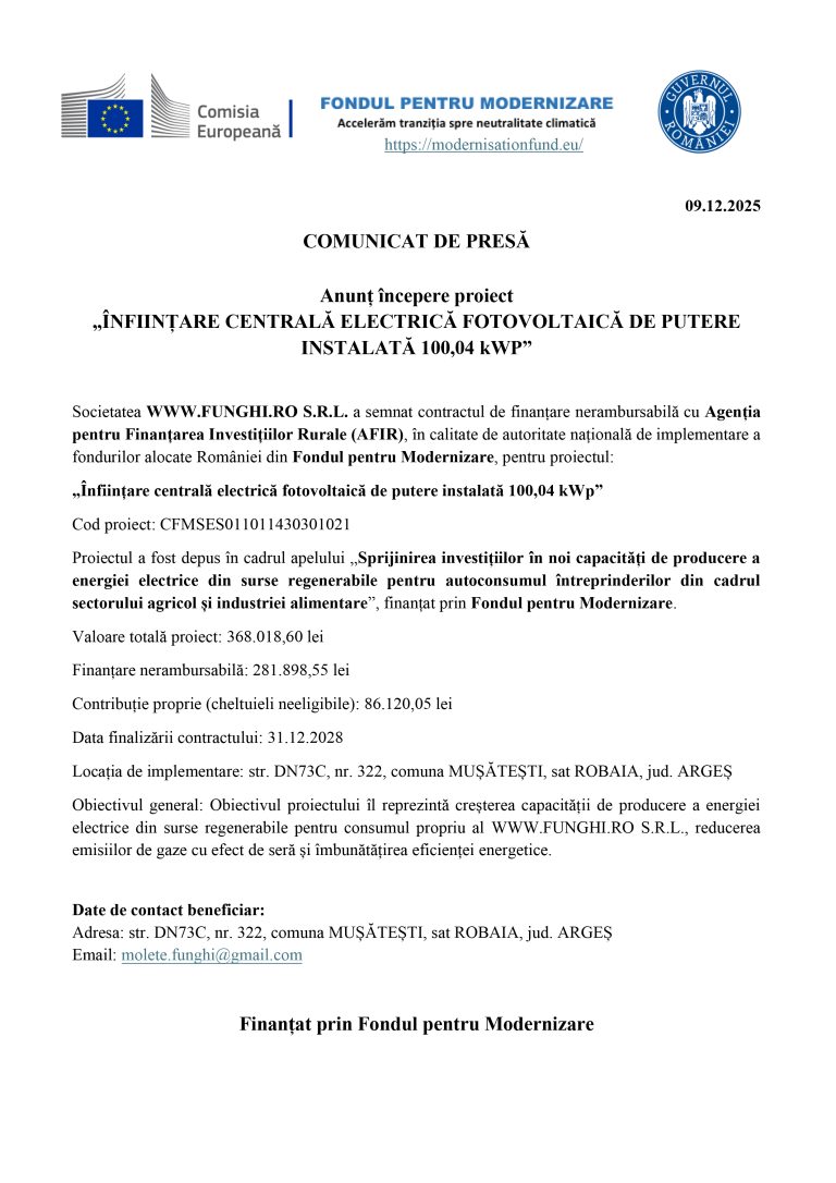 Comunicat de presă WWW.FUNGHI.RO S.R.L.