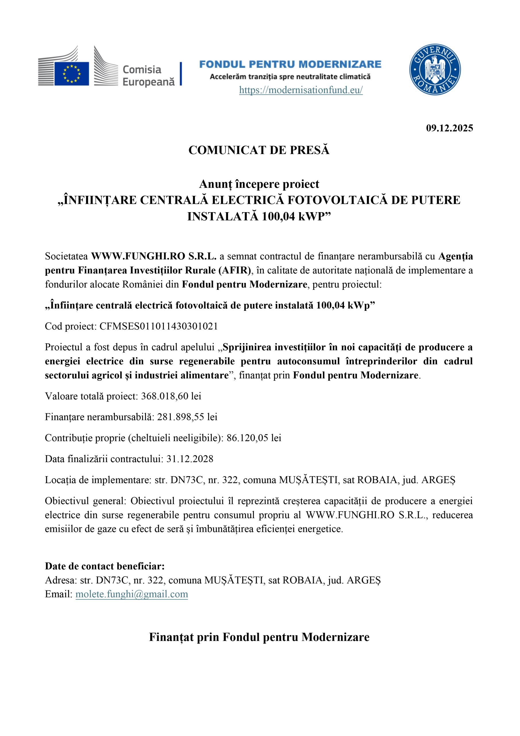 Comunicat de presă WWW.FUNGHI.RO S.R.L. - Ziarul National