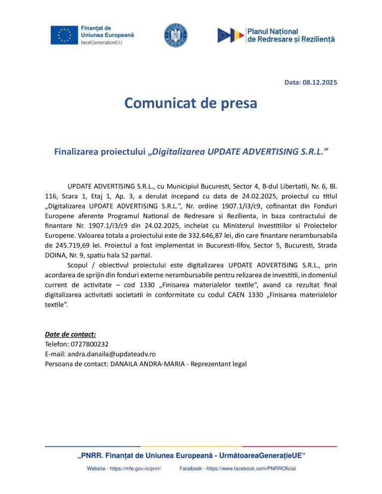 Comunicat de presă UPDATE ADVERTISING SRL