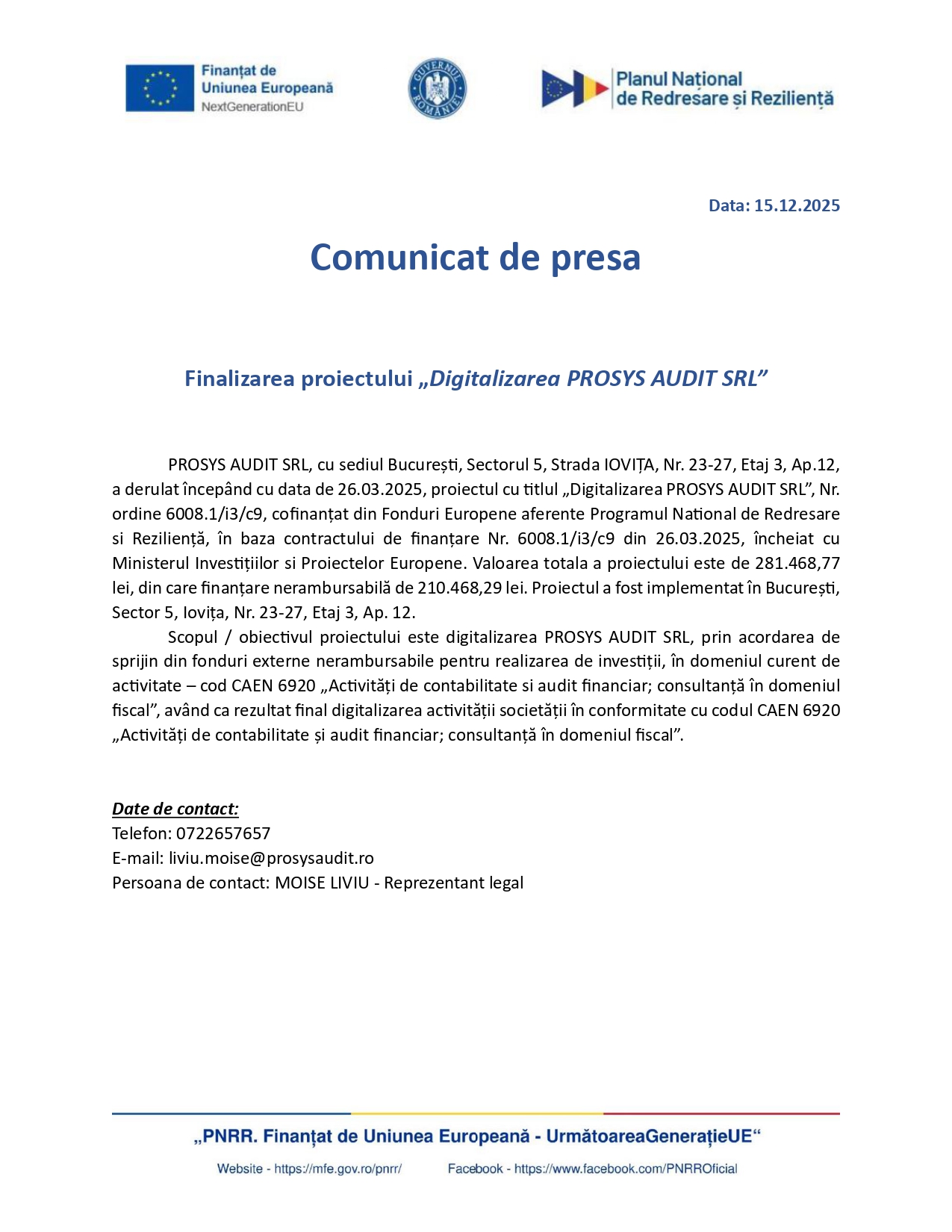 Comunicat de presă PROSYS AUDIT SRL - Ziarul National