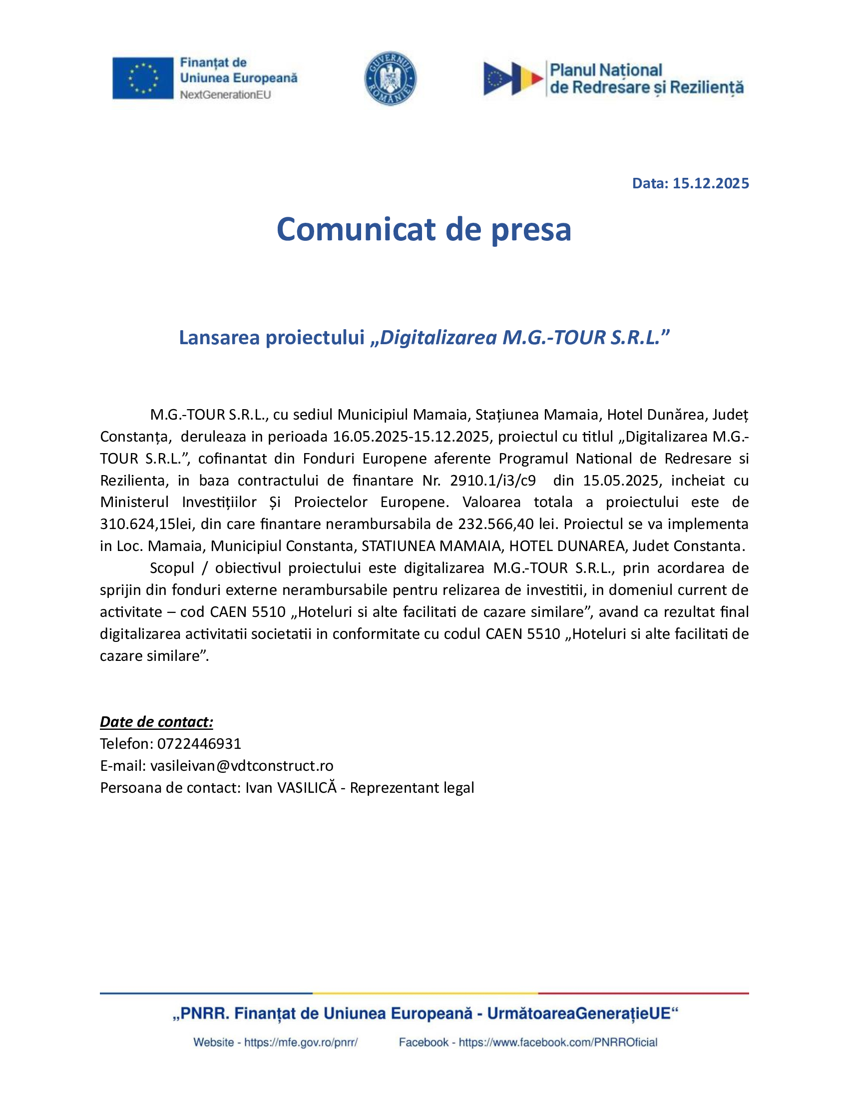 Comunicat de presă M.G.-TOUR S.R.L. - Ziarul National