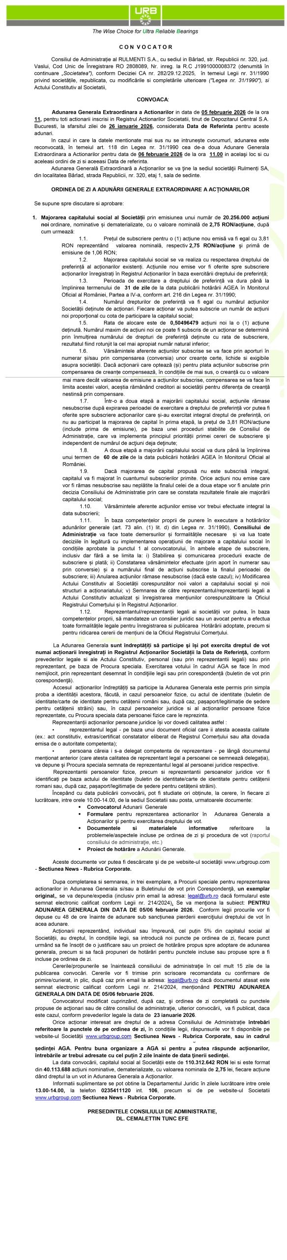 Convocator Adunarea Generală RULMENTI S.A. - Ziarul National