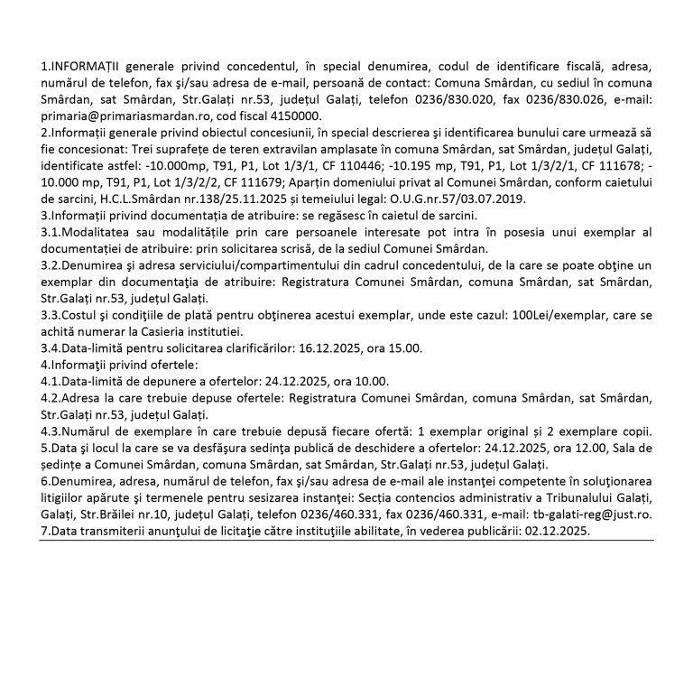 Anunț licitație Comuna Smârdan