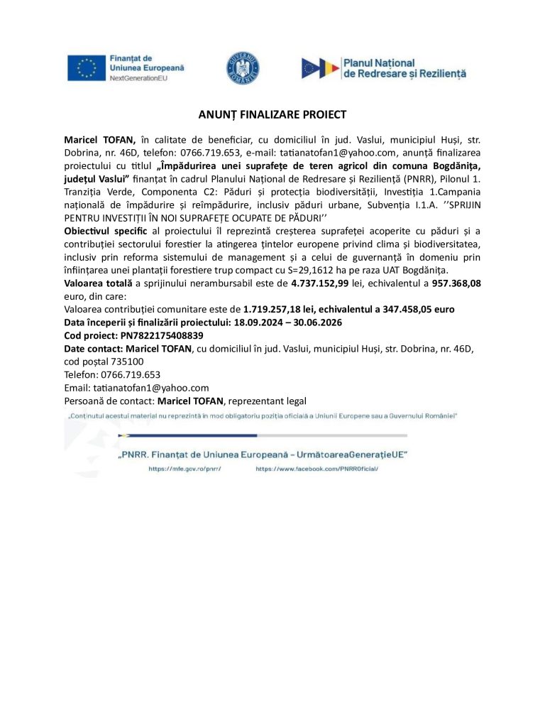 Anunț de presă Maricel TOFAN