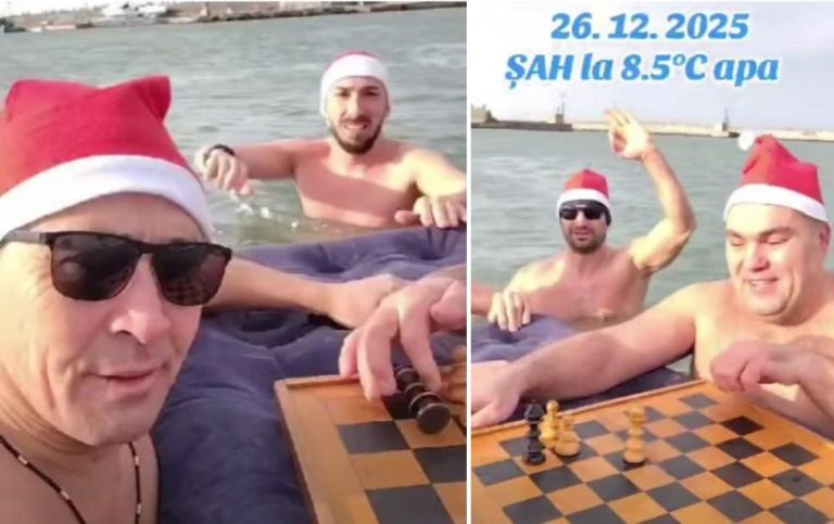  Patru bărbați au jucat șah pe o saltea gonflabilă, în apa Mării Negre, în a doua zi de Crăciun – VIDEO