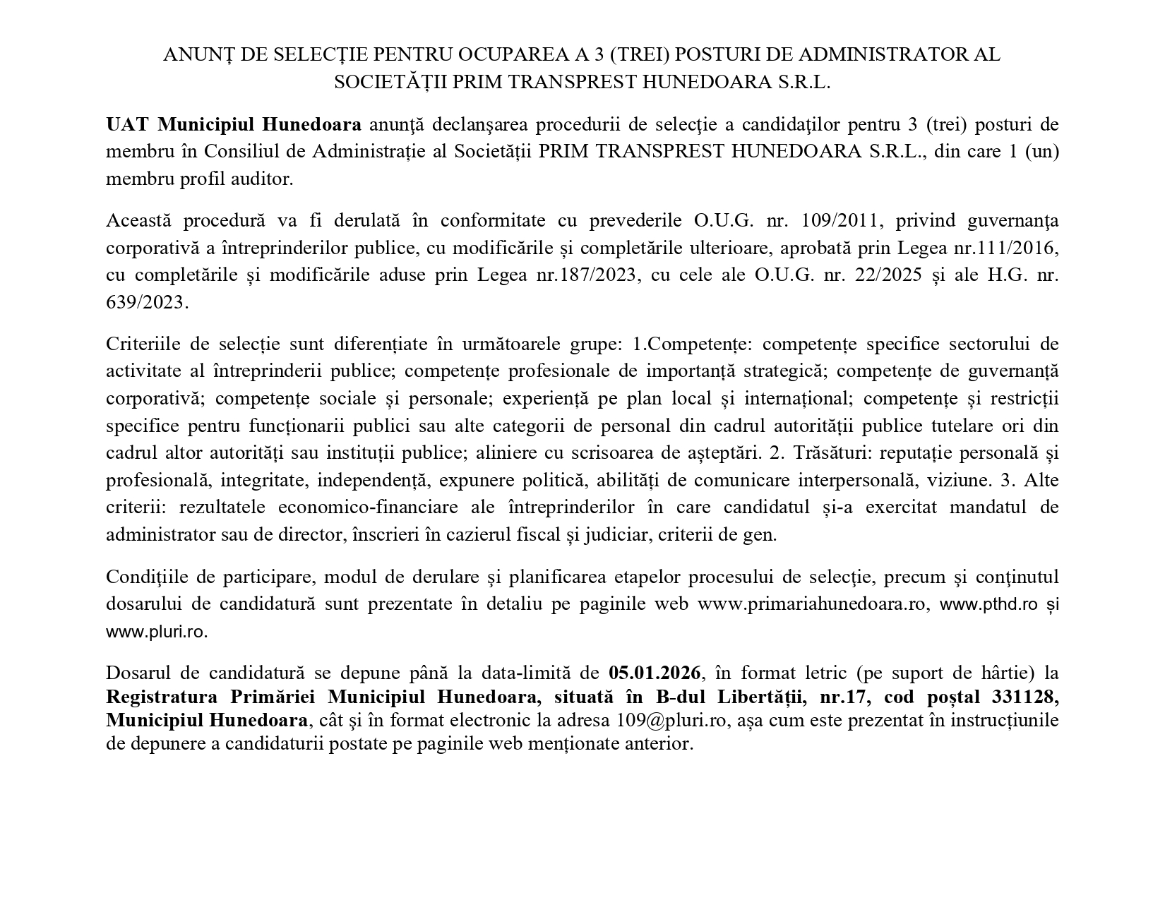 Anunț de presă UAT Municipiul Hunedoara - Ziarul National