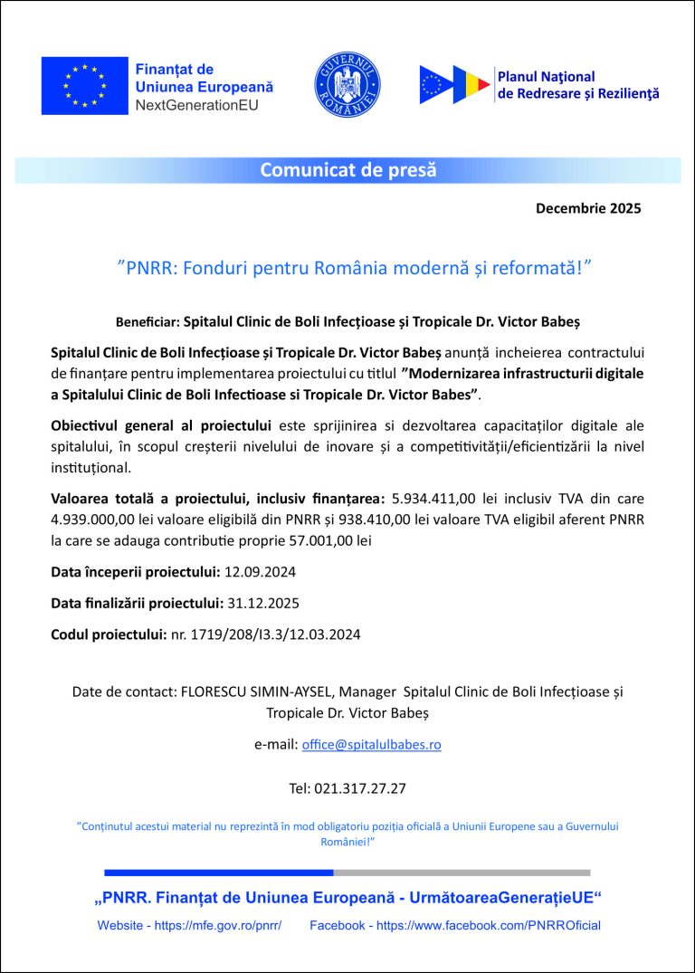 Comunicat de presă Spitalul Clinic de Boli Infecțioase și Tropicale Dr. Victor Babeş