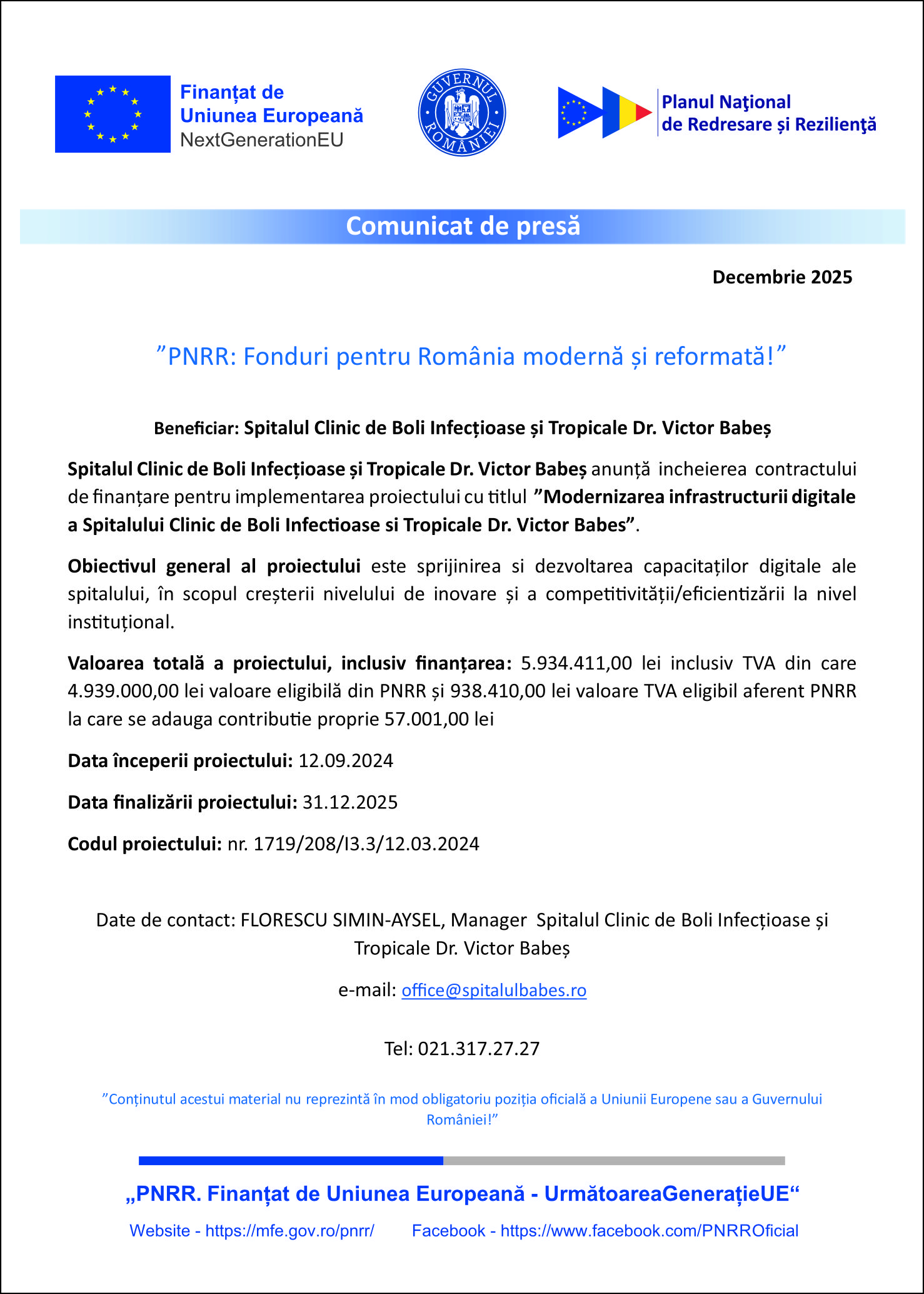 Comunicat de presă Spitalul Clinic de Boli Infecțioase și Tropicale Dr. Victor Babeş - Ziarul National