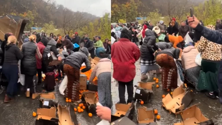 VIDEO. Zeci de oameni s-au înghesuit să „culeagă” portocale de pe asfalt, după ce un TIR s-a răsturnat, pe o șosea din Mehedinți