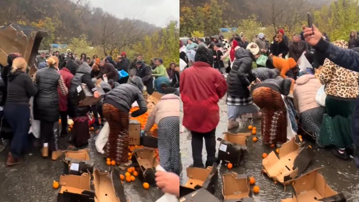 VIDEO. Zeci de oameni s-au înghesuit să „culeagă” portocale de pe asfalt, după ce un TIR s-a răsturnat, pe o șosea din Mehedinți - Ziarul National