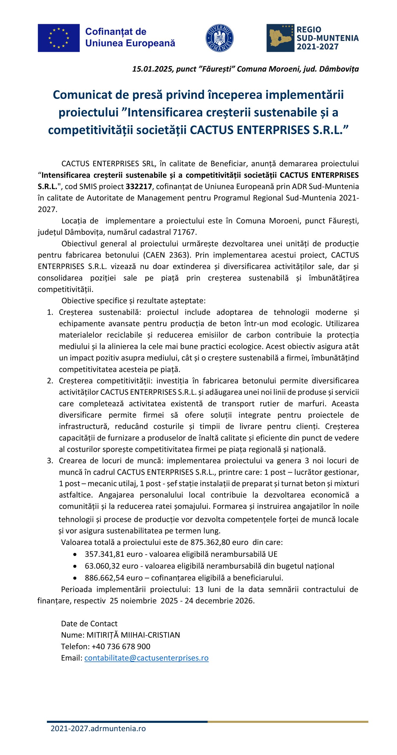 Comunicat de presă CACTUS ENTERPRISES SRL - Ziarul National