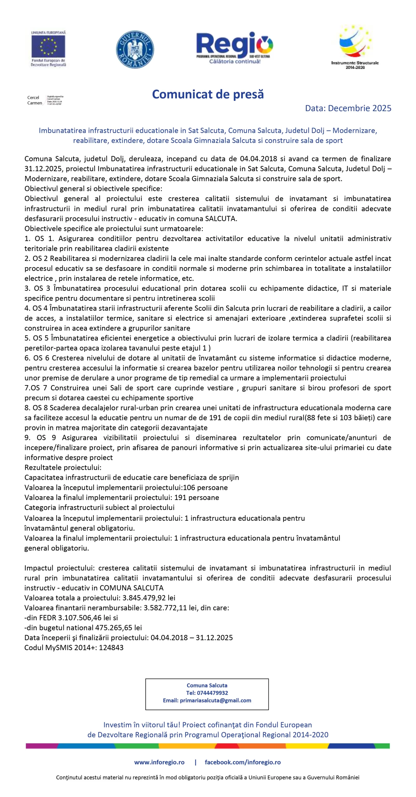 Comunicat de presă Comuna Salcuta - Ziarul National