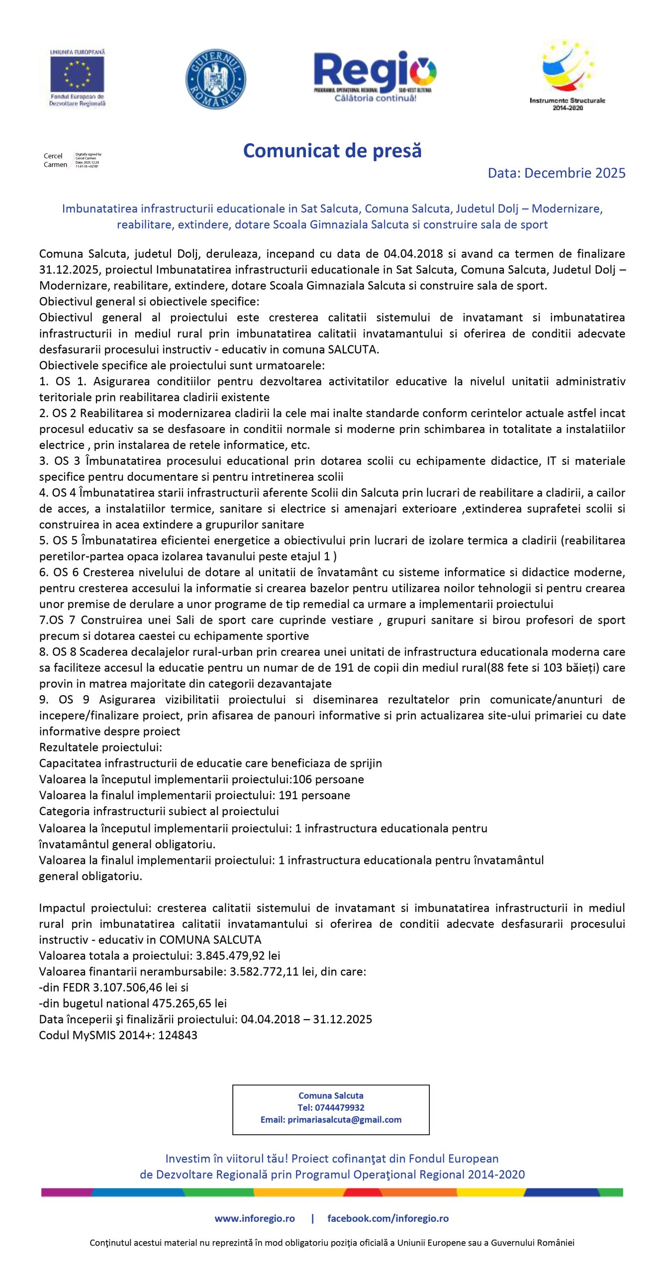 Comunicat de presă Comuna Salcuta - Ziarul National