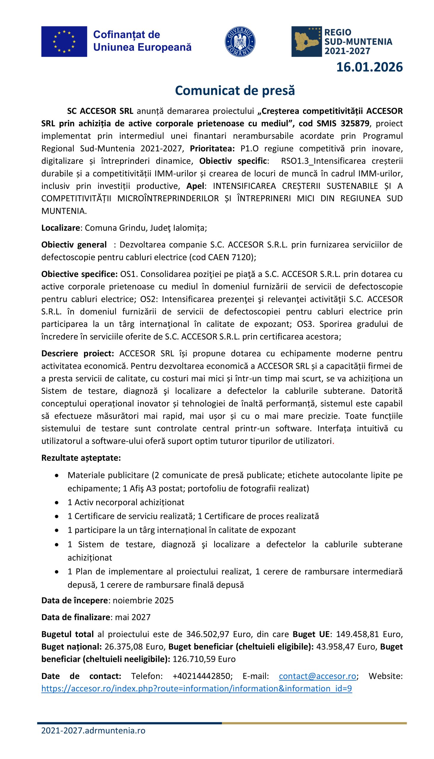 Comunicat de presă SC ACCESOR SRL - Ziarul National