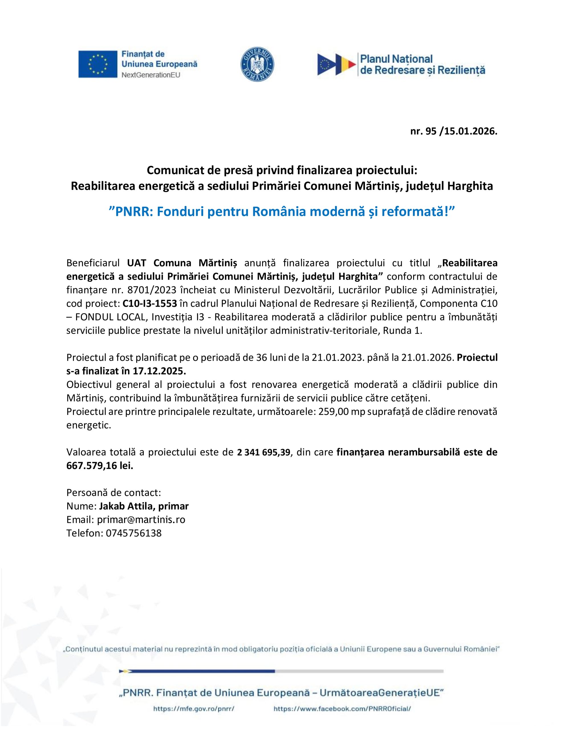 Comunicat de presă UAT Comuna Martinis - Ziarul National