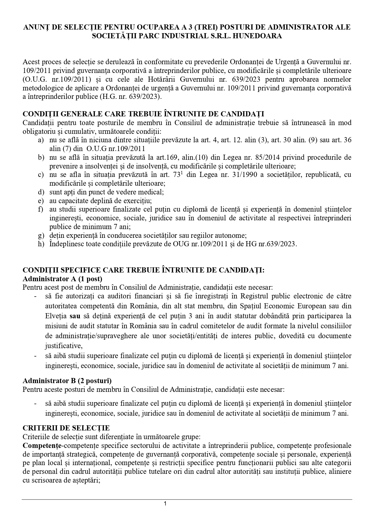 Anunț PARC INDUSTRIAL SRL HUNEDOARA - Ziarul National