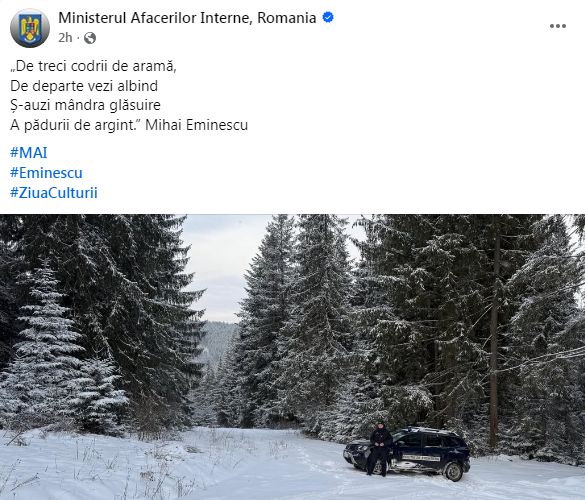 Val de ironii după o gafă a MAI, de Ziua Culturii Naționale: Versurile unei poezii a lui Eminescu, citate greșit. Nici titlul nu a fost cel corect - Ziarul National